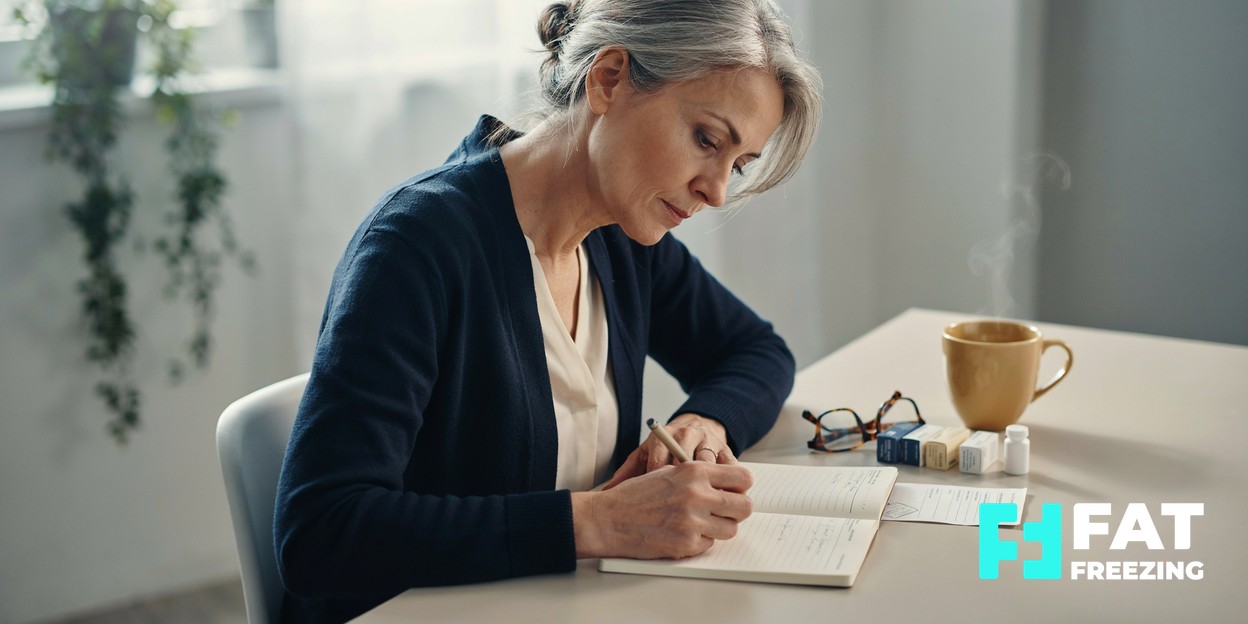 Adult writing consultation notes beside medication boxes on a desk.