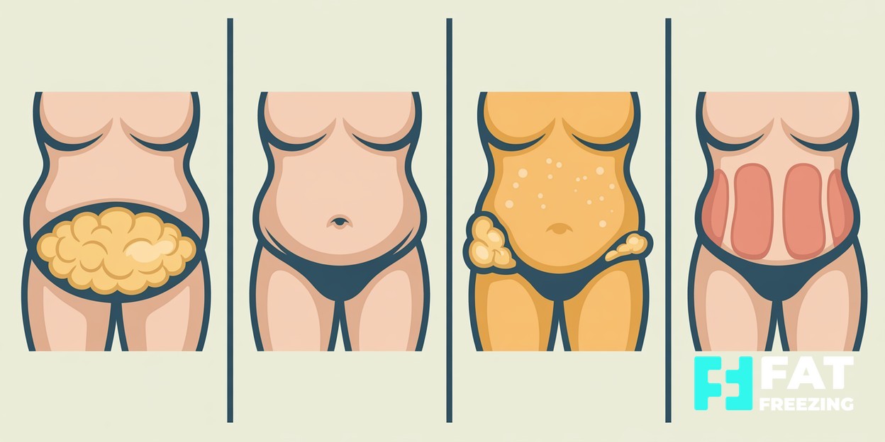Four stylised panels comparing abdominal contours and underlying tissues.