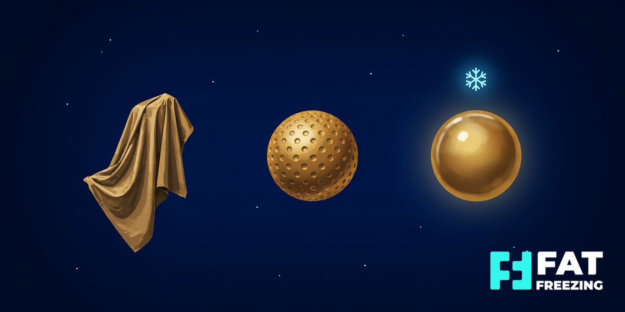 Gold draped fabric, a dimpled sphere and a smooth sphere beneath a snowflake.