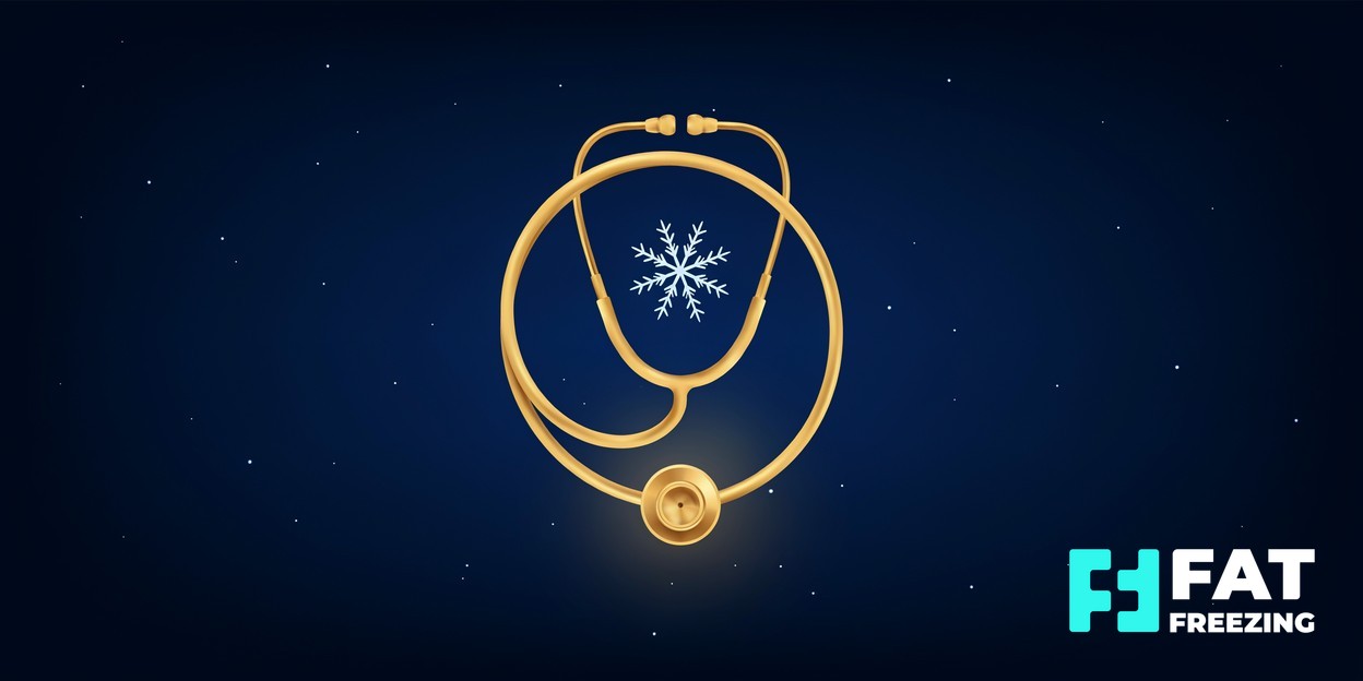 Gold stethoscope surrounding a pale-blue snowflake.